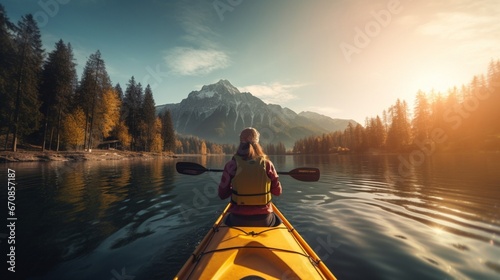 back view of woman kayaking in crystal lake near alps mountains, amazing lens flare photo