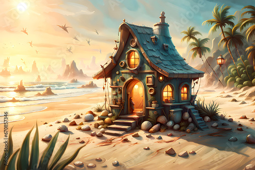 Fairy house on a sunny beach with seashell decorations