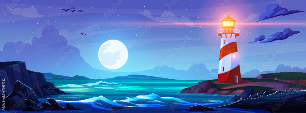 Summer night cartoon landscape with lighthouse on rocky coast of ocean ...