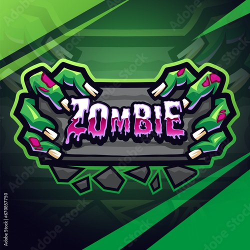 Zombie hand holding wooden board mascot