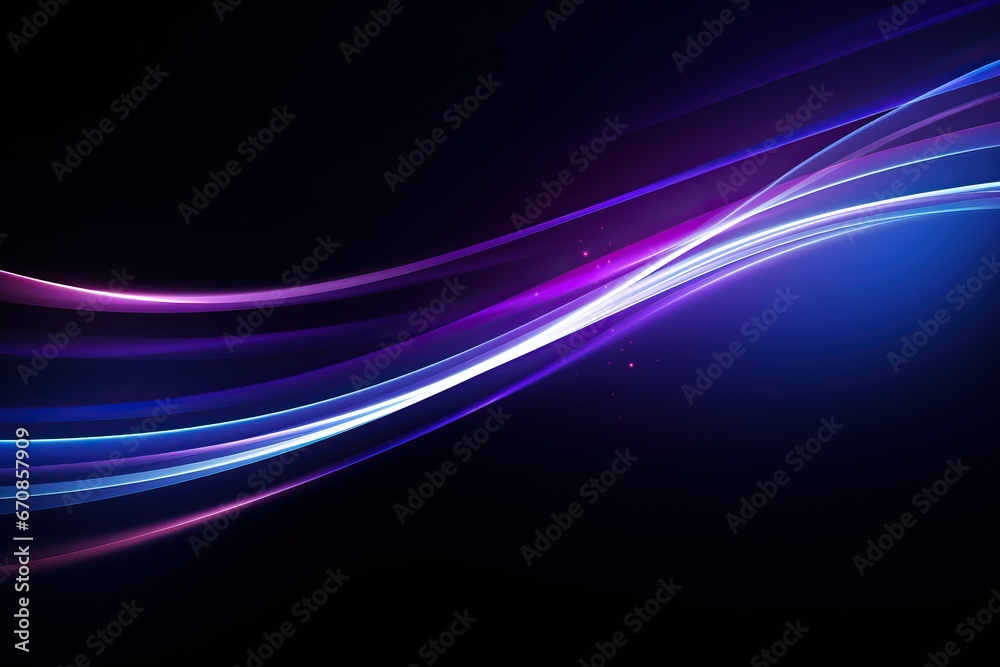 Abstract technology futuristic glowing blue and purple light lines with speed motion blur effect on dark blue background. generative ai