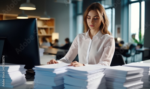 Young female employee working on stacks of papers to search for information and check documents on the desk