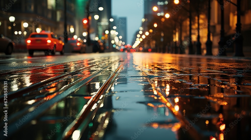 An urban nightscape showcases shimmering reflections on wet streets under the glow of city lights, with vehicles moving amidst the towering buildings.