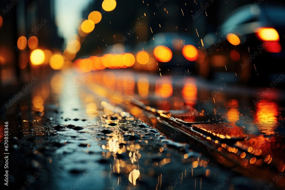  A bustling city street illuminated by a warm, orange glow is captured during a gentle rain shower. Glistening wet surfaces reflect the lights, creating a mesmerizing bokeh effect.
