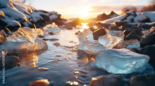 A pristine winter landscape captures the sun setting over a riverbed. Glistening ice formations sit atop dark rocks, reflecting the golden hues of twilight. © DigitalArt