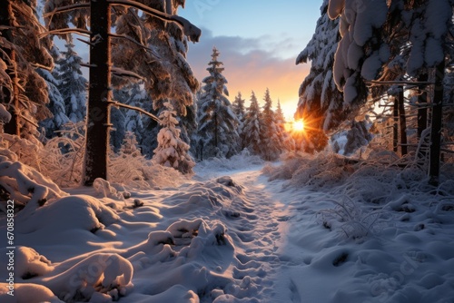 A serene winter scene captures a snowy forest pathway, flanked by frost-laden trees, basking in the warm glow of the setting sun.