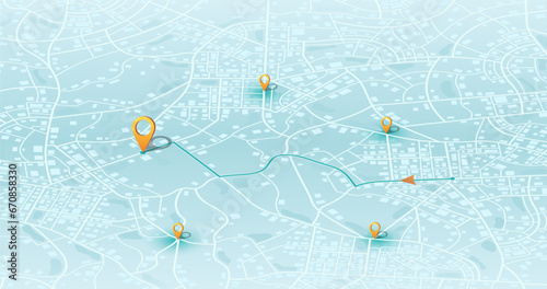 Multiple destinations. Gps tracking map. Track navigation pins on street maps, navigate mapping technology and locate position pin. Futuristic travel gps map or location navigator vector illustration