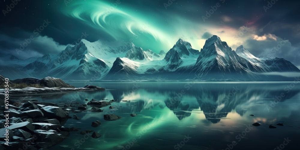 A breathtaking view of a serene mountain landscape illuminated by a shimmering aurora borealis, with its reflection dancing on the calm lake below.