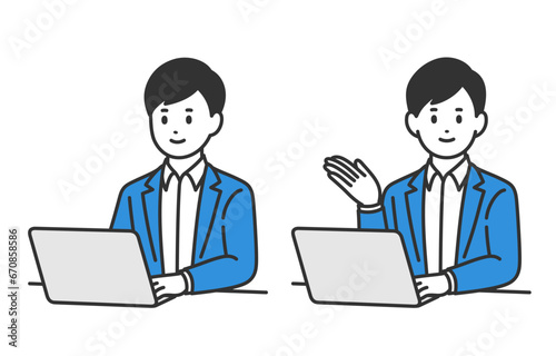 パソコンを見る･案内のポーズをするビジネスパーソン男性のセット【人物ベクターイラスト素材】