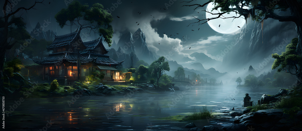 A night scene painting with palace river houses mountains and full moon 8