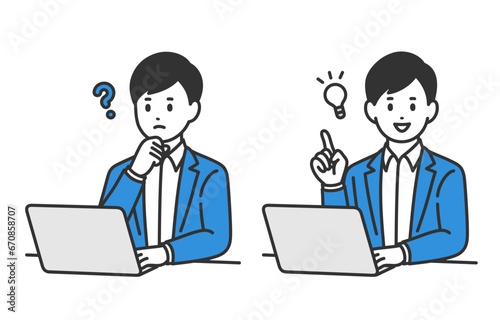 パソコンを見て疑問を持つ･ひらめきのポーズをするビジネスパーソン男性のセット【人物ベクターイラスト素材】