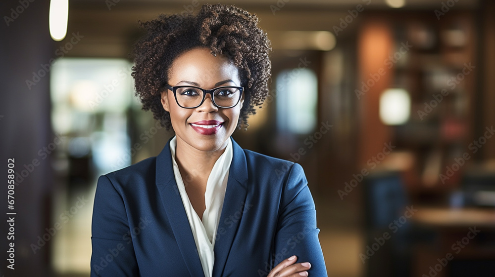 Fototapeta premium Portrait, lawyer and black woman smile and happy in office workplace. African attorney, technology and face of professional, female advocate and legal advisor in law firm.
