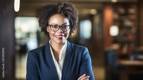 Portrait, lawyer and black woman smile and happy in office workplace. African attorney, technology and face of professional, female advocate and legal advisor in law firm. photo