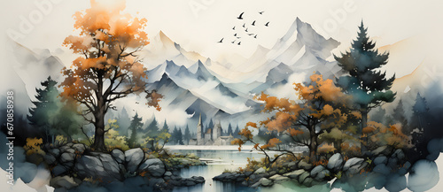 peaceful autumn landscape watercolor painting with river rock castle and birds in the sky 1
