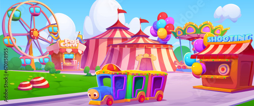 Amusement park with circus and ferris wheel. Vector cartoon illustration of fun fair in public garden, colorful chapiteau tents, popcorn stall, shooting range house, carousel, air balloons, summer day