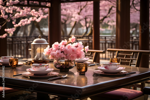 A serene garden with cherry blossoms in full bloom. A traditional Chinese pavilion stands amidst the blossoms, and a family gathers for a festive meal.