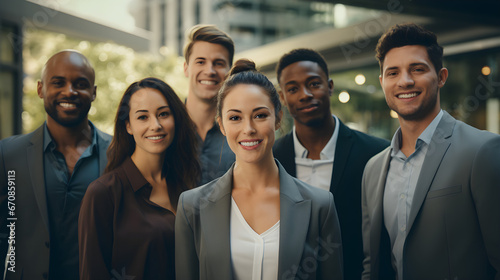 A diverse group of business professionals, comprising a modern multi-ethnic business team, standing and looking at the camera in a portrait shot,