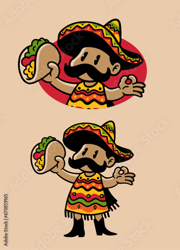 Cartoon of Mexican Character Eating Taco