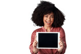 Tablet, screen and portrait of woman showing interactive ui, ux and isolated in transparent or png background. Technology, marketing and person with internet, website or app review on mockup space