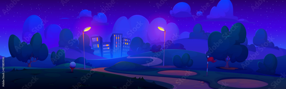 Naklejka premium Golf field at night with lanterns light, ball and flag pin near hole. Cartoon vector evening landscape of course hills with grass and sand against background of city with multistorey buildings.