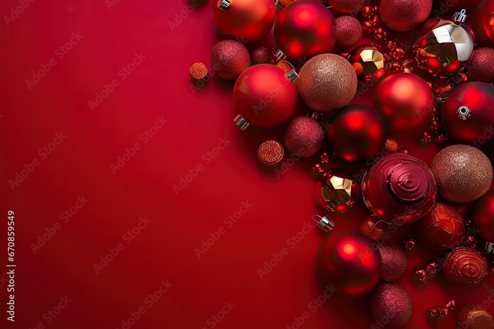 Christmas red background with Christmas ball decoration with blank space Christmas red background with Christmas ball decoration with blank space