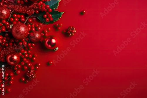 Christmas red background with Christmas ball decoration with blank space