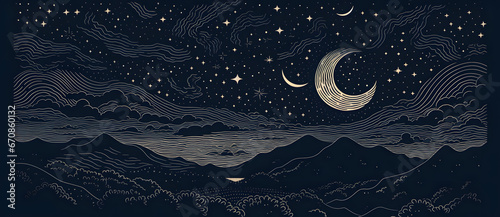 Woodcut illustration of beautiful night sky with stars and crescent moon 8