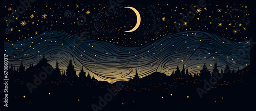Woodcut illustration of beautiful night sky with stars and crescent moon 11