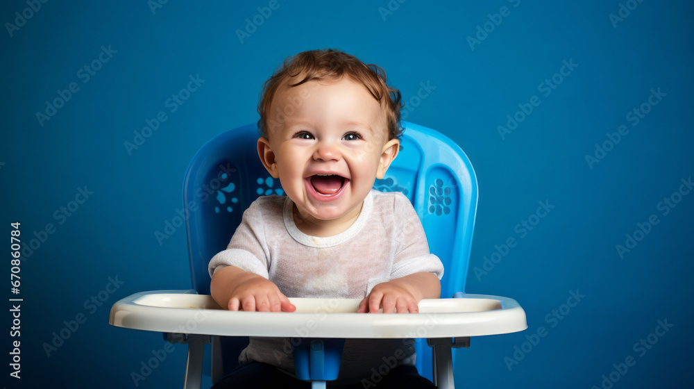 Small happy baby boy smiles and sits at the table. Concept of healthy kids food. Blue background. Ai generative illustration Small happy baby boy smiles and sits at the table. Concept of healthy kids food. Blue background. Ai generative illustration