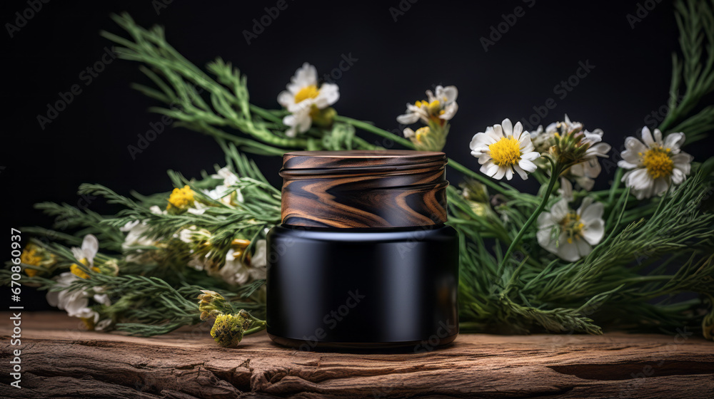 Black jar composition with flowers. Cosmetic template cream aroma soap displayed on podium. Presentation concept. Commercial mock up. Ai generative