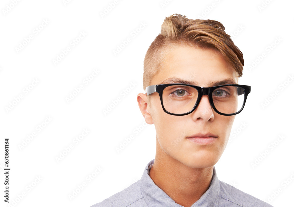 Portrait, fashion and glasses with a nerd man isolated on a transparent background for vision or eyesight. Face, eyewear and style with a handsome young geek in prescription frame spectacles on PNG