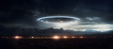 A glowing UFO hovering low in the desert night sky shines brightly 4