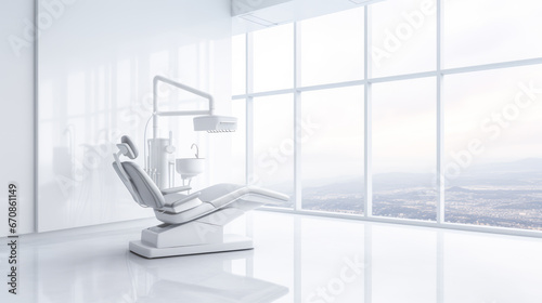 Dentist clinic modern interior with panoramic windows. Dental chair. Ai generative