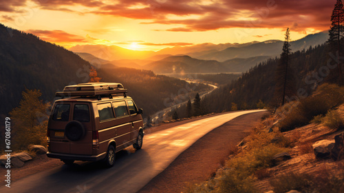A van traveling at sunset in nature on a canyon path