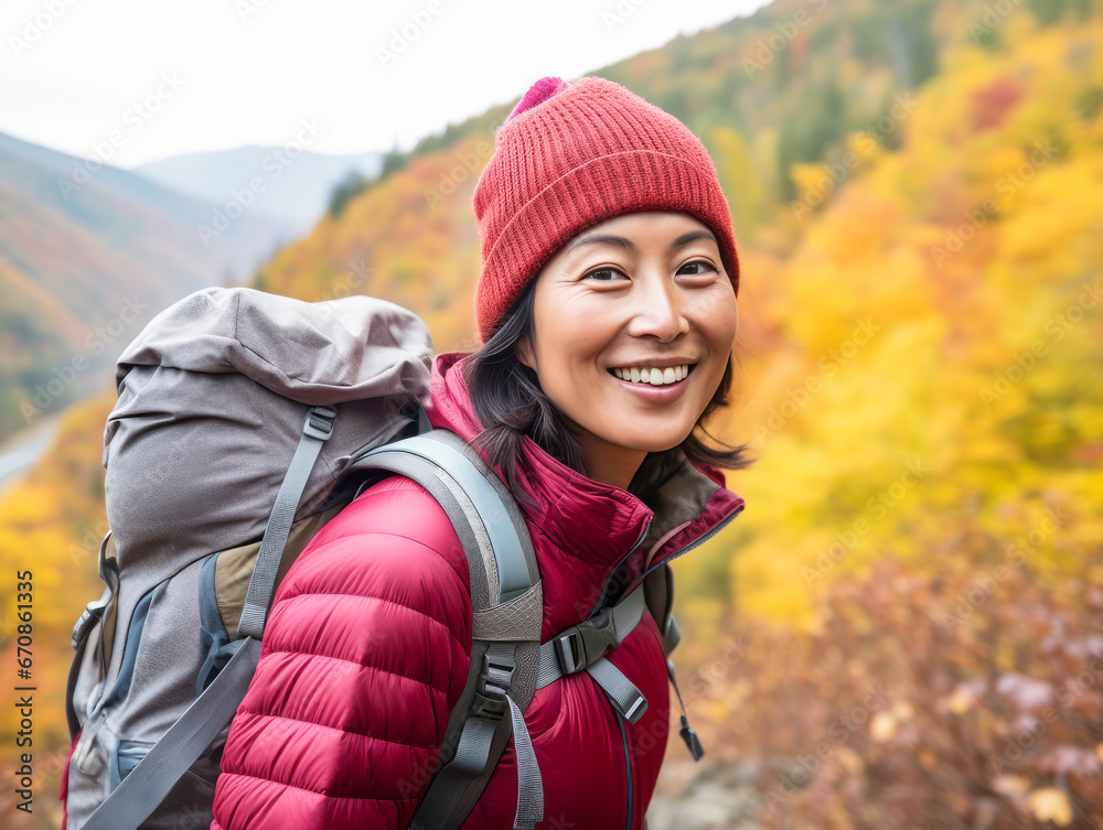 A portrait of smiling Asian girl tourist in beautiful mountain tracking route. Woman wear the sport active wear with backpack. Ai generative A portrait of smiling Asian girl tourist in beautiful mountain tracking route. Woman wear the sport active wear with backpack. Ai generative