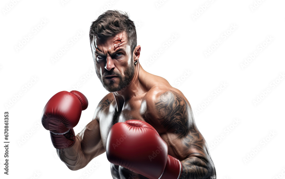 Boxer Wearing Red Gloves Throwing Powerful Punches 3D Character Isolated on Transparent Background PNG.
