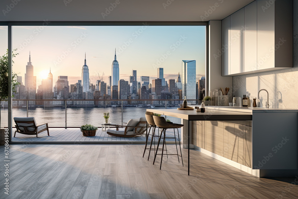 Naklejka premium Luxury kitchen interior with white marble countertop, sink and window with panoramic view
