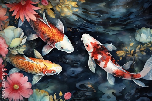 Koi fish in the pond with beautiful flowers. Digital painting