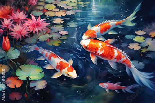 Koi fish in the pond with beautiful flowers. Digital painting