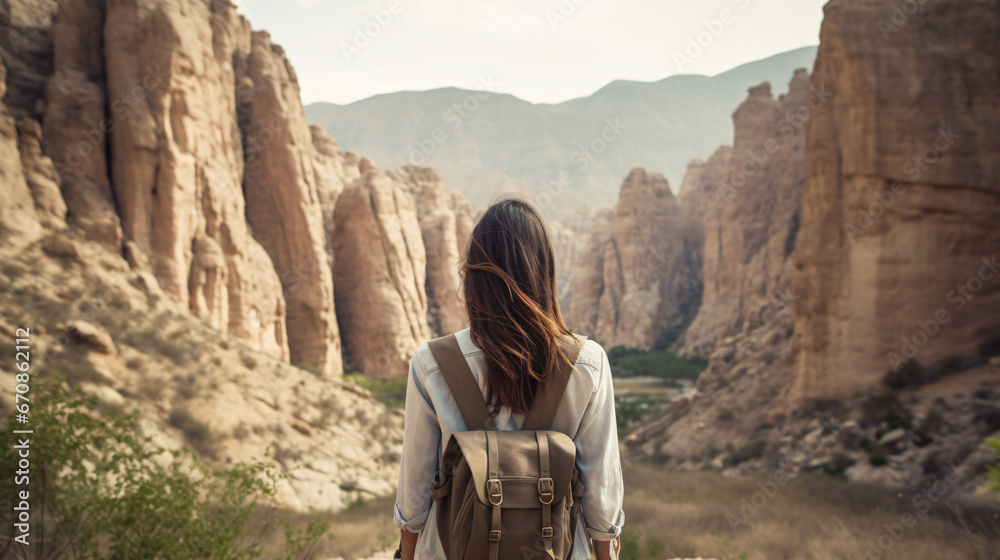 A young woman alone in nature seen from behind