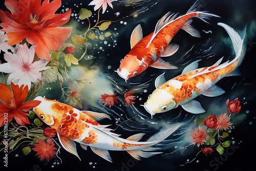 Koi fish in the pond with beautiful flowers. Digital painting