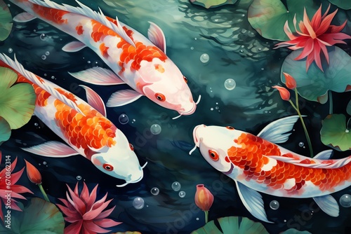 Koi fish in the pond with beautiful flowers. Digital painting