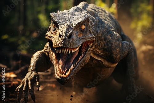 Dinosaur with open mouth and teeth running in the forest © shehbaz
