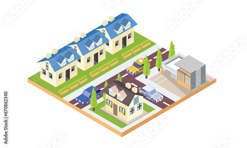 3D isometric landscape of a small town with houses and streets with trees.on white background.3D design.isometric vector design Illustration.