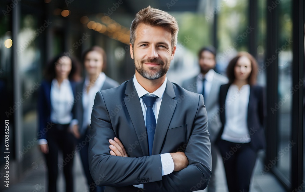 Businessman standing folded hand smile, businessman and businesswoman over big group of businesspeople background	
