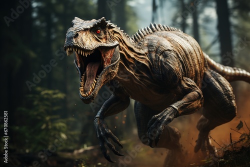 Dinosaur with open mouth and teeth running in the forest