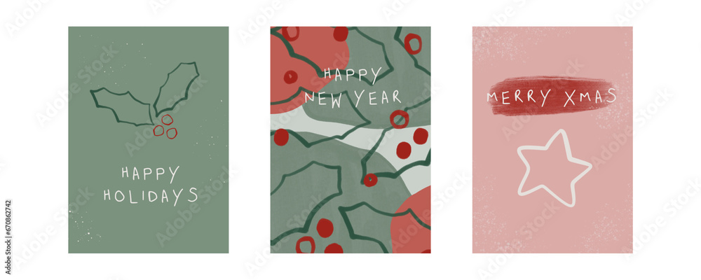 Collection of Christmas and New Year cards posters with modern trendy abstract designs for print. Traditional green and red holiday colors. Happy holidays. Xmas. Collection of Christmas and New Year cards posters with modern trendy abstract designs for print. Traditional green and red holiday colors. Happy holidays. Xmas.
