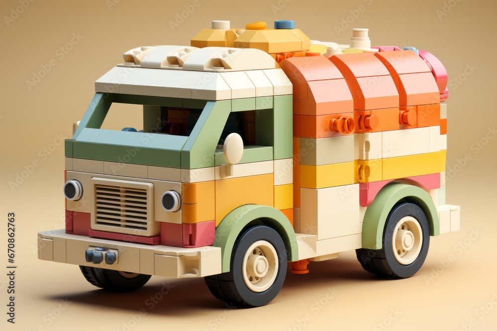 Pastel beige toy garbage truck, promoting environmental awareness and interactive play in a neutral color, Generative AI