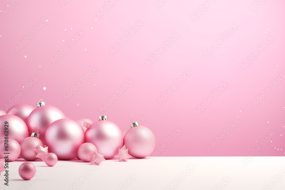 Merry Christmas. A postcard of the year 2024. Pink Christmas background with balls and snowflakes. Christmas pink baubles with empty template for your text. Abstract holiday backdrop with copy space. Merry Christmas. A postcard of the year 2024. Pink Christmas background with balls and snowflakes. Christmas pink baubles with empty template for your text. Abstract holiday backdrop with copy space.