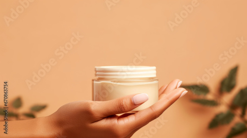 Close up of hand holding a jar of cosmetics product. Skincare hygiene moisturiser photo